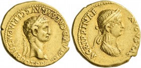 Claudius augustus, 41 – 54. Aureus 50-54, AV 7.57 g. Laureate head of Claudius r. Rev. Draped bust of Agrippina r., wearing barley wreath. C 3. RIC 80...