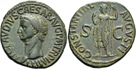 Claudius augustus, 41 – 54. As circa 50-54, Æ 10.87 g. Bare head l. Rev. Constantia, helmeted and in military attire, standing l., l. hand raised, hol...