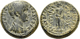Nero augustus, 54 – 68. Julius Cleon, archiereus of Asia. Bronze, Eumeneia (Phrygia) circa 54-59, Æ 6.12 g. Draped bust r. Rev. Apollo standing l., ho...
