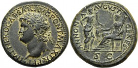Nero augustus, 54 – 68. Sestertius circa 62-68, Æ 27.50 g. Laureate bust l., with globe at point of neck. Rev. Ceres, veiled and draped, seated l., ho...