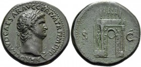 Nero augustus, 54 – 68. Sestertius circa 62-68, Æ 30.41 g. Laureate bust r., with aegis. Rev. View of triumphal arch; above, the Emperor in a quadriga...