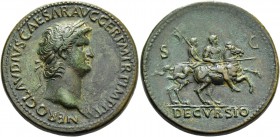Nero augustus, 54 – 68. Sestertius circa 64, Æ 27.55 g. Laureate head r., with aegis. Rev. Nero, bare-headed and in military attire, prancing r. on ho...
