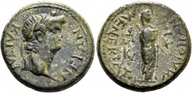 Nero augustus, 54 – 68. T. Claudius Menekrates strategos. Bronze, Maeonia (Lydia) circa 65, Æ 4.46 g. Laureate head r. Rev. Veiled goddess standing r....