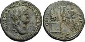 Nero augustus, 54 – 68. Sestertius, Lugdunum circa 66, Æ 24.57 g. Laureate head r., with globe at point of bust. Rev. Nero seated r. on platform l., b...