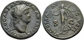 Nero augustus, 54 – 68. Dupondius, Lugdunum circa 66, Æ 13.75 g. Laureate head r., with globe at point of bust. Rev. Victory advancing l., holding wre...