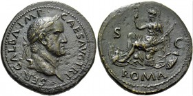 Galba, 68 – 69. Sestertius June-August 68, Æ 26.40 g. Laureate head r. Rev. Roma, helmeted and draped, seated l. on cuirass, holding spear and resting...
