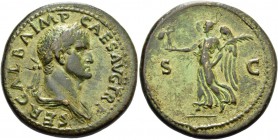 Galba, 68 – 69. Sestertius June-August 68, Æ 25.97 g. Oak wreathed and draped bust r. Rev. Victory advancing l., holding palladium in r. hand and palm...