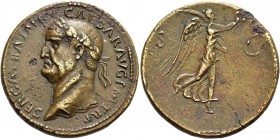 Galba, 68 – 69. Sestertius circa October 68, Æ 26.91 g. Laureate head l. Rev. Victory advancing r., holding wreath and palm. C 248. RIC 400.
A magnifi...