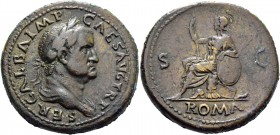 Galba, 68 – 69. Sestertius June-August 68, Æ 28.08 g. Laureate and draped bust r. Rev. Roma seated l. on cuirass, holding sceptre and resting l. elbow...