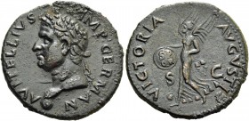 Vitellius, 69. As, Tarraco January-June 69, Æ 9.25 g. Laureate head l., with globe at point of bust. Rev. Victory advancing l., holding in r. hand ins...
