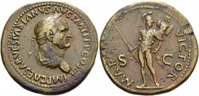 Vespasian, 69 – 79. Sestertiua 71, Æ 25.22 g. Laureate, draped and cuirassed bust r. Rev. Mars, naked, standing facing, head r., holding spear and tro...