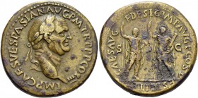 Vespasian, 69 – 79. Sestertius 71, Æ 25.99 g. Laureate head r. Rev. Titus and Domitian, standing l. and r., both holding spears; Titus also holding pa...