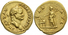 Vespasian, 69 – 79. Aureus 73, AV 7.40 g. Laureate head r. Rev. Pax standing l., holding branch and caduceus on purse, set on tripod. C – . RIC 543. C...