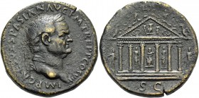Vespasian, 69 – 79. Sestertius 76, Æ 27.68 g. Laureate head r. Rev. The temple of Jupiter Optimus Maximus: Hexastyle temple within which, statue of Ju...
