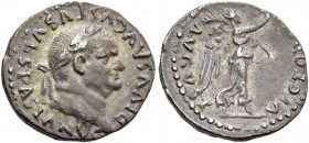 Vespasian, 69 – 79. Divus Vespasianus. Quinarius 80-81, AR 1.56 g. Laureate head r. Rev. Victory standing r., holding wreath and palm branch. C 616 va...