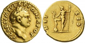 Titus caesar, 69 – 79. Aureus 72-73, AV 7.31 g. Laureate and bearded head r. Rev. Neptune standing l., holding r. foot on globe, acrostolium in r. han...
