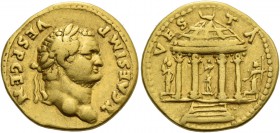 Titus caesar, 69 – 79. Aureus 73, AV 7.09 g. Laureate head r. Rev. Domed tetrastyle temple of Vesta containing dancing statue of Vesta and flanked by ...