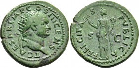 Titus caesar, 69 – 79. Dupondius 74, Æ 13.71 g. Radiate head with slight beard r. Rev. Felicitas standing l. holding caduceus in r. hand and cornucopi...
