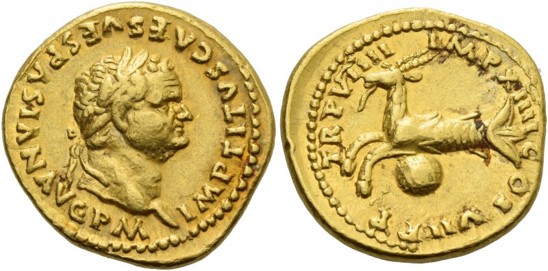 Titus augustus, 79 – 81. Aureus 79, AV 7.42 g. Laureate head r. Rev. Capricorn l...