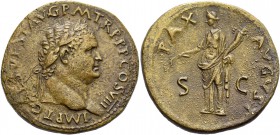 Titus augustus, 79 – 81. Sestertius 80-81, Æ 24.05 g. Laureate head r. Rev. Pax standing l., holding branch and cornucopiae. C 139. RIC 154.
Brown ton...