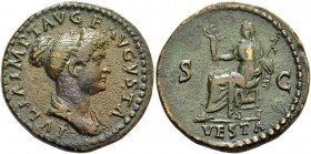Julia, daughter of Titus. Dupondius 80-81, Æ 14.25 g. Draped bust r. Rev. Vesta seated l., holding palladium and sceptre. C 18. RIC Titus 398.
Rare. A...