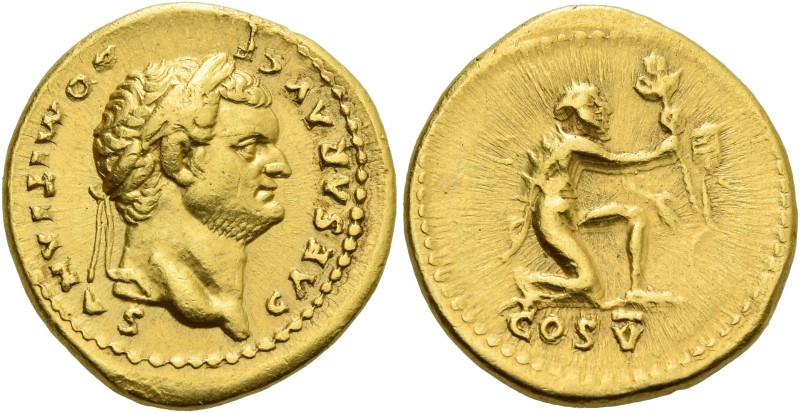 Domitian caesar, 69 – 81. Aureus 77-78, AV 7.35 g. Laureate head r. Rev. Captive...