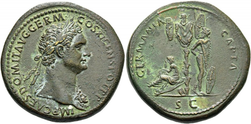 Domitian augustus, 81 – 96. Sestertius 85, Æ 27.69 g. Laureate bust r., with aeg...