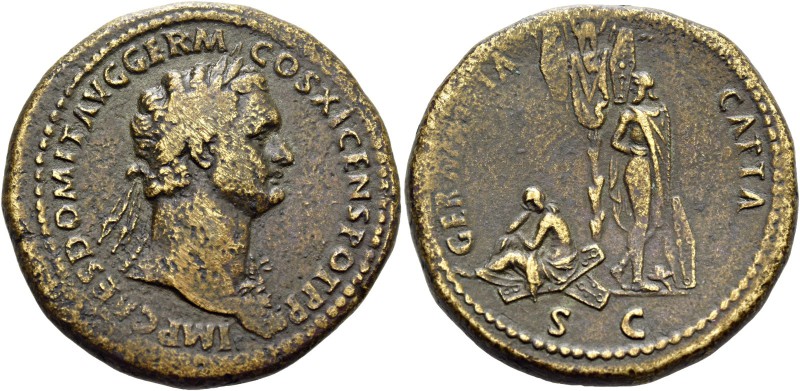 Domitian augustus, 81 – 96. Sesterius 85, Æ 23.94 g. Laureate bust r., with aegi...