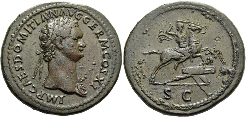 Domitian augustus, 81 – 96. Sestertius 85, Æ 25.95 g. Laureate bust r., wearing ...