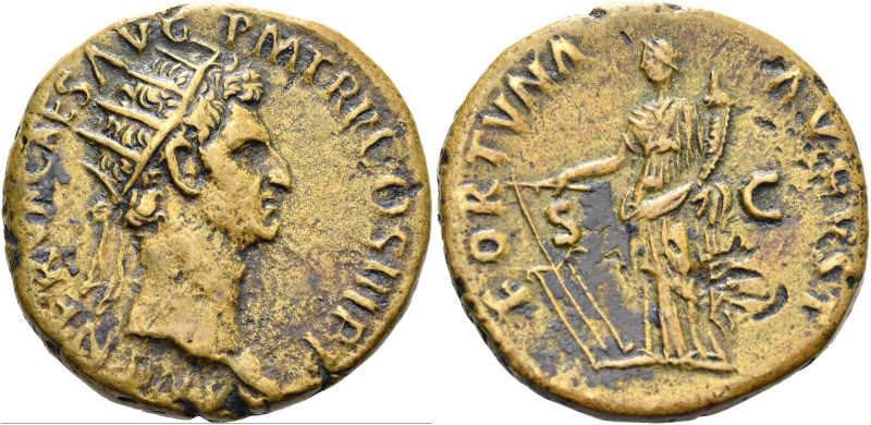 Nerva, 96 – 98. Dupondius 97, Æ 13.79 g. Radiate head r. Rev. Fortuna standing l...