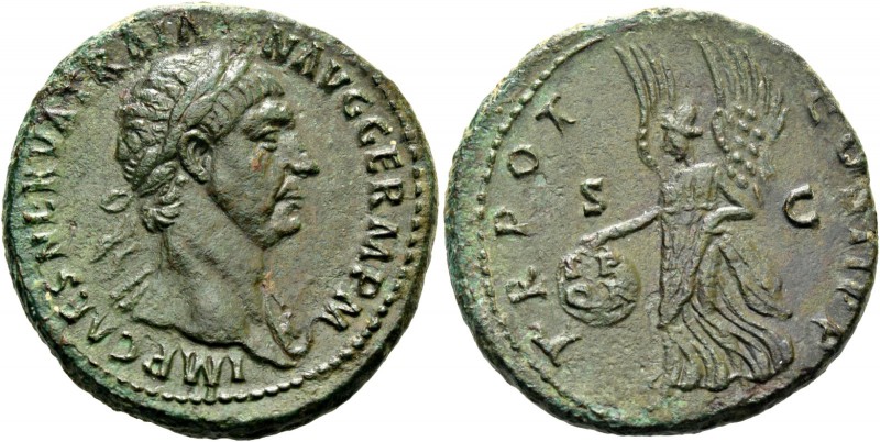 Trajan, 98 – 117. As 98-99, Æ 12.09 g. Laureate head r., with aegis (or drapery?...