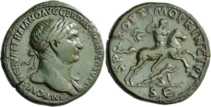 Trajan, 98 – 117. Sestertius circa 103-111, Æ 27.43 g. Laureate bust r., with dr...