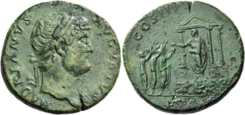 Hadrian augustus, 117 – 138. Sestertius 125-128, Æ 23.94 g. Laureate bust r., wi...