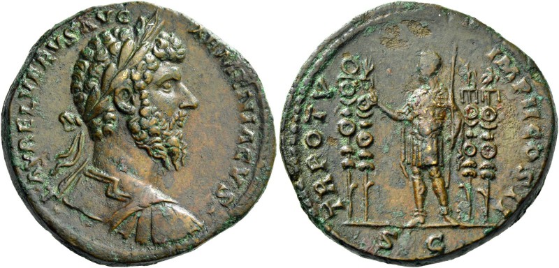 Lucius Verus, 161 – 169. Sestertius 164-165, Æ 24.49 g. Laureate and cuirassed b...