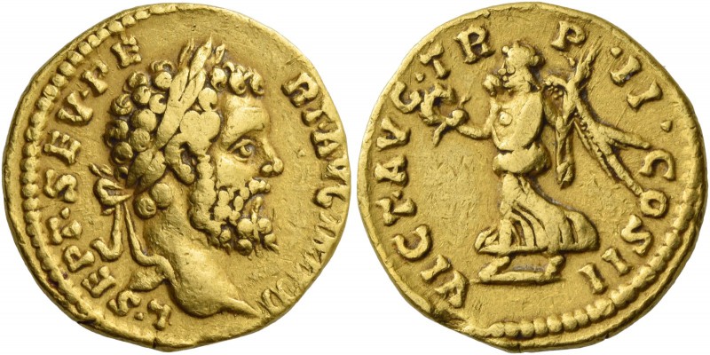 Septimius Severus, 193 – 211. Aureus 194, AV 7.15 g. Laureate head r. Rev. Victo...