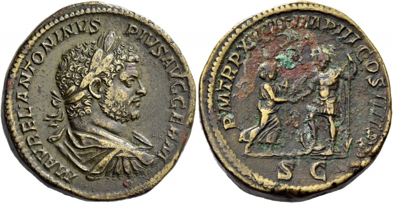 Caracalla augustus, 198 – 217. Sestertius 215, Æ 26.78 g. Laureate, draped and c...