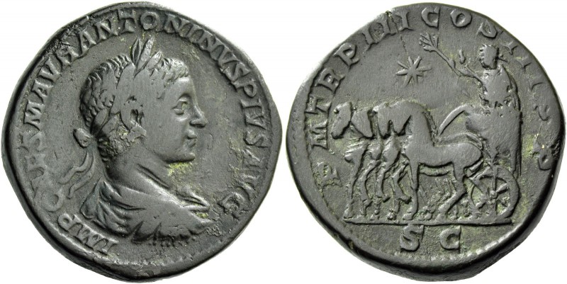 Elagabalus, 218 - 222. Sestertius 220, Æ 25.16 g. Laureate, draped and cuirassed...