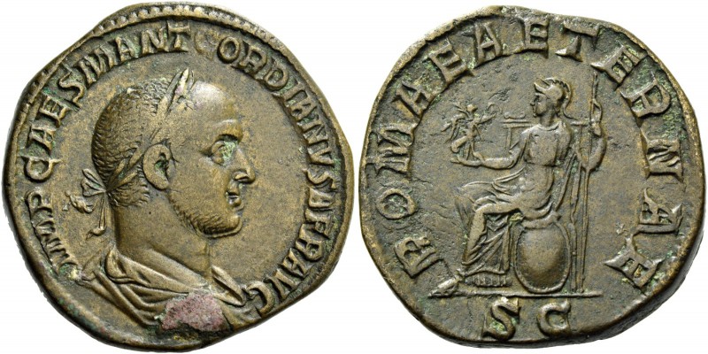 Gordian II, March - April 238. Sestertius 1st - 22nd April 238, Æ 22,03 g. Laure...