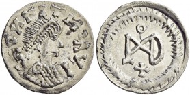The Gepids. Pseudo-Imperial Coinage. In the name of Justin II, 565-578. Half siliqua, Sirmium 565-578, AR 0.94 g. Pearl-diademed, draped and cuirassed...