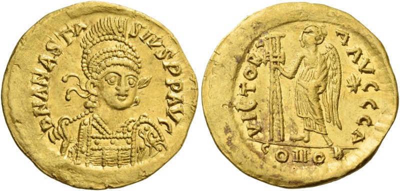 Anastasius, 11 April 491 – 1 July 518. Solidus 491-498, AV 4.43 g. Helmeted, pea...