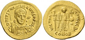 Justinian I, 1 August 527 – 14 November 565. Solidus 527-538, AV 4.48 g. Helmeted, pearl-diademed and cuirassed bust three-quarters facing, cross on h...