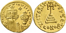 Constans II, September 641 – 15 July 678, with colleagues from 654. Solidus 654-659, AV 4.45 g. Facing busts of Constans on l. and Constantine IV on r...