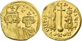 Constans II, September 641 – 15 July 678, with colleagues from 654. Solidus circa 659-661, AV 4.36 g. Facing busts of Constans II on l., wearing plume...