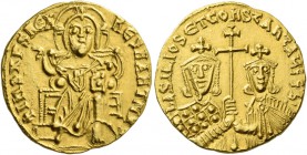 Basil the Macedonian, 27 September 867 – 29 August 886, with colleagues from 870. Solidus 868-879, AV 4.31 g. Christ, nimbate, seated facing on lyre-b...
