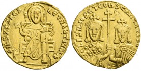 Basil the Macedonian, 27 September 867 – 29 August 886, with colleagues from 870. Solidus 868-879, AV 4.35 g. Christ, nimbate, seated facing on lyre-b...