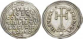 Basil the Macedonian, 27 September 867 – 29 August 886, with colleagues from 870. Miliaresion 868-879, AR 2.91 g. Legend within a triple border of dot...