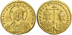 Constantine VII Porphyrogenitus, 6 June 913 – 9 November 959, with colleagues from 914. Solidus circa 949–959, AV 4.39 g. Facing bust of Christ, nimbu...
