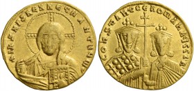 Constantine VII Porphyrogenitus, 6 June 913 – 9 November 959, with colleagues from 914. Solidus circa 949–959, AV 4.34 g. Facing bust of Christ, nimbu...