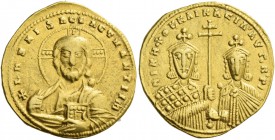 Nicephorus II Phocas, 15 August 963 – 10 December 969, with Basil II and Constantine VIII. Histamenon 963-969, AV 4.23 g. Bust of Christ facing, with ...