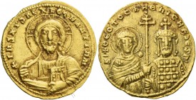 Nicephorus II Phocas, 15 August 963 – 10 December 969, with Basil II and Constantine VIII. Histamenon 963-969, AV 4.40 g. Facing bust of Christ with d...